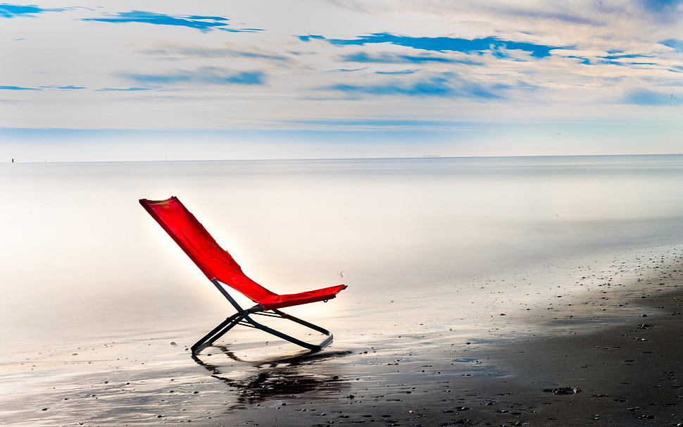 red camping chair, chair, sea, sky, horizon HD wallpaper