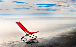 red camping chair, chair, sea, sky, horizon