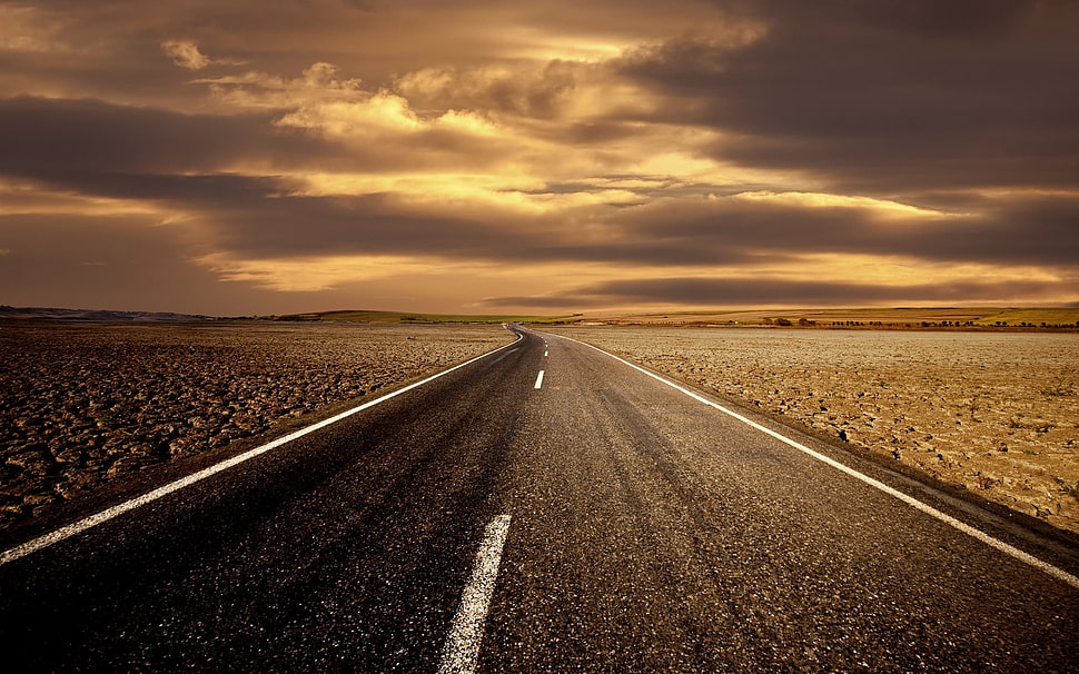 asphalt road, landscape, road, clouds, sky HD wallpaper