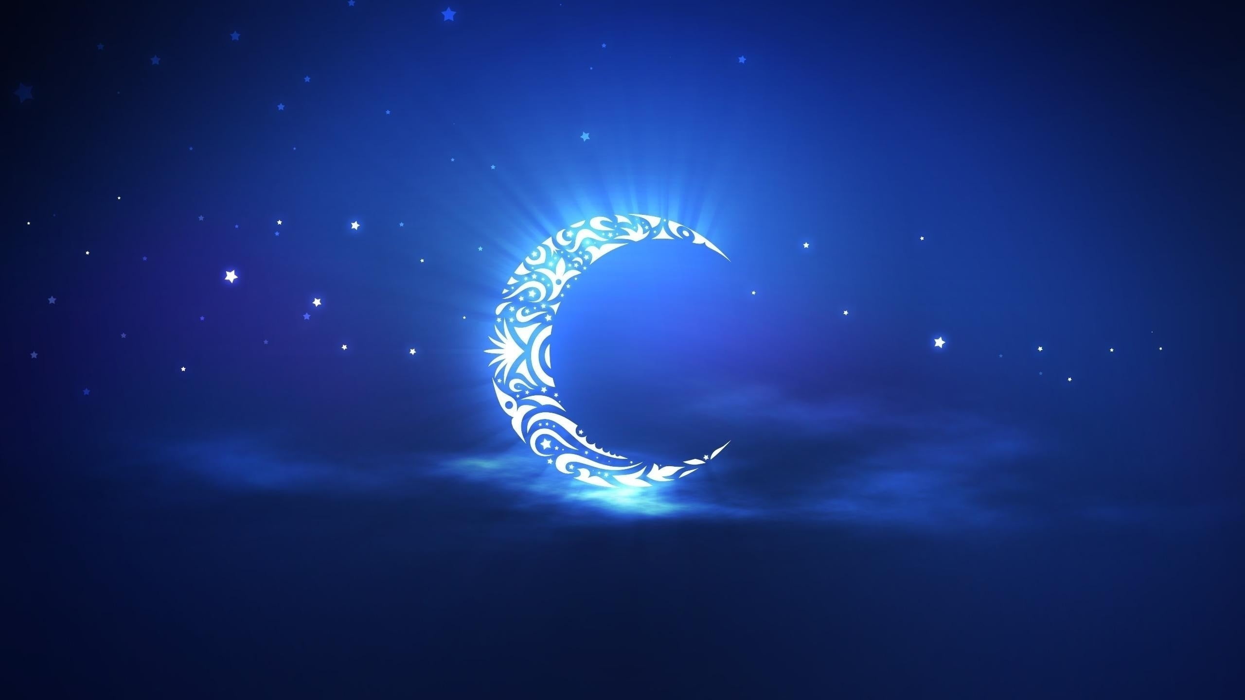 crescent moon wallpaper, minimalism, blue, Moon, artwork