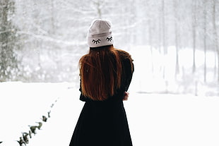 women's black coat, Girl, Winter, Hat HD wallpaper