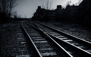 grayscale photo of train tracks, railway, dark