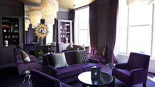 purple couch, indoors, interior design