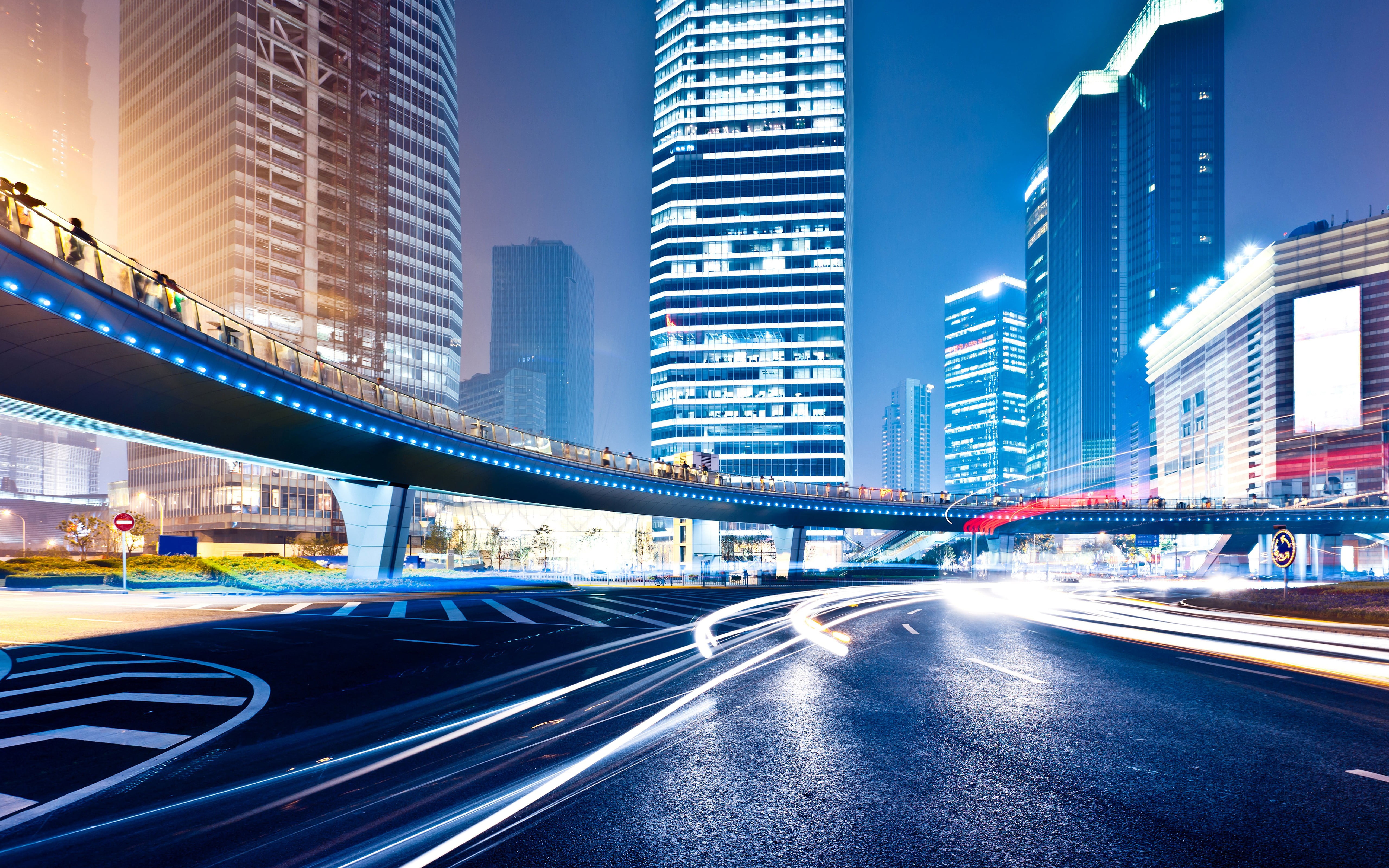 city digital wallpaper, city, street, street light, overpass