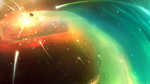 green and orange galaxy digital wallpaper, galaxy, artwork, stars, colorful