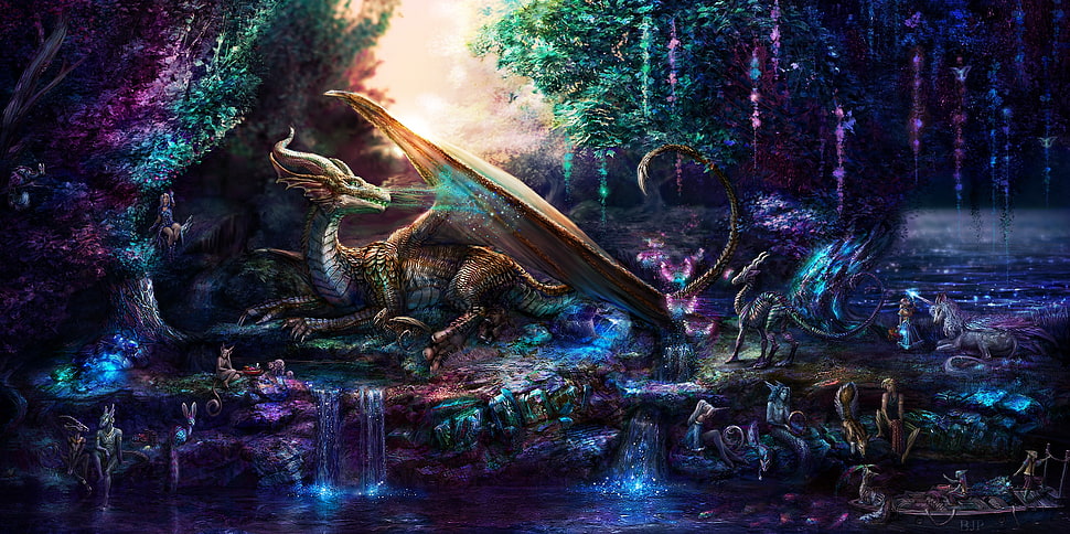brown wooden framed painting of house near river, dragon, fantasy art, animals HD wallpaper