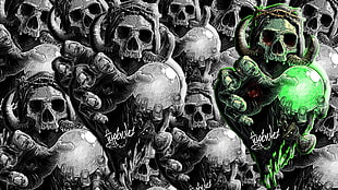 gray and green skull illustration, skull, green, horns, ball