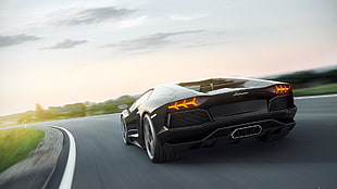 black Lamborghini sports coupe, car, Lamborghini Aventador, road, motion blur