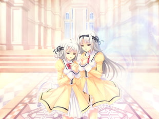 two female anime characters with grey hair and yellow dresses