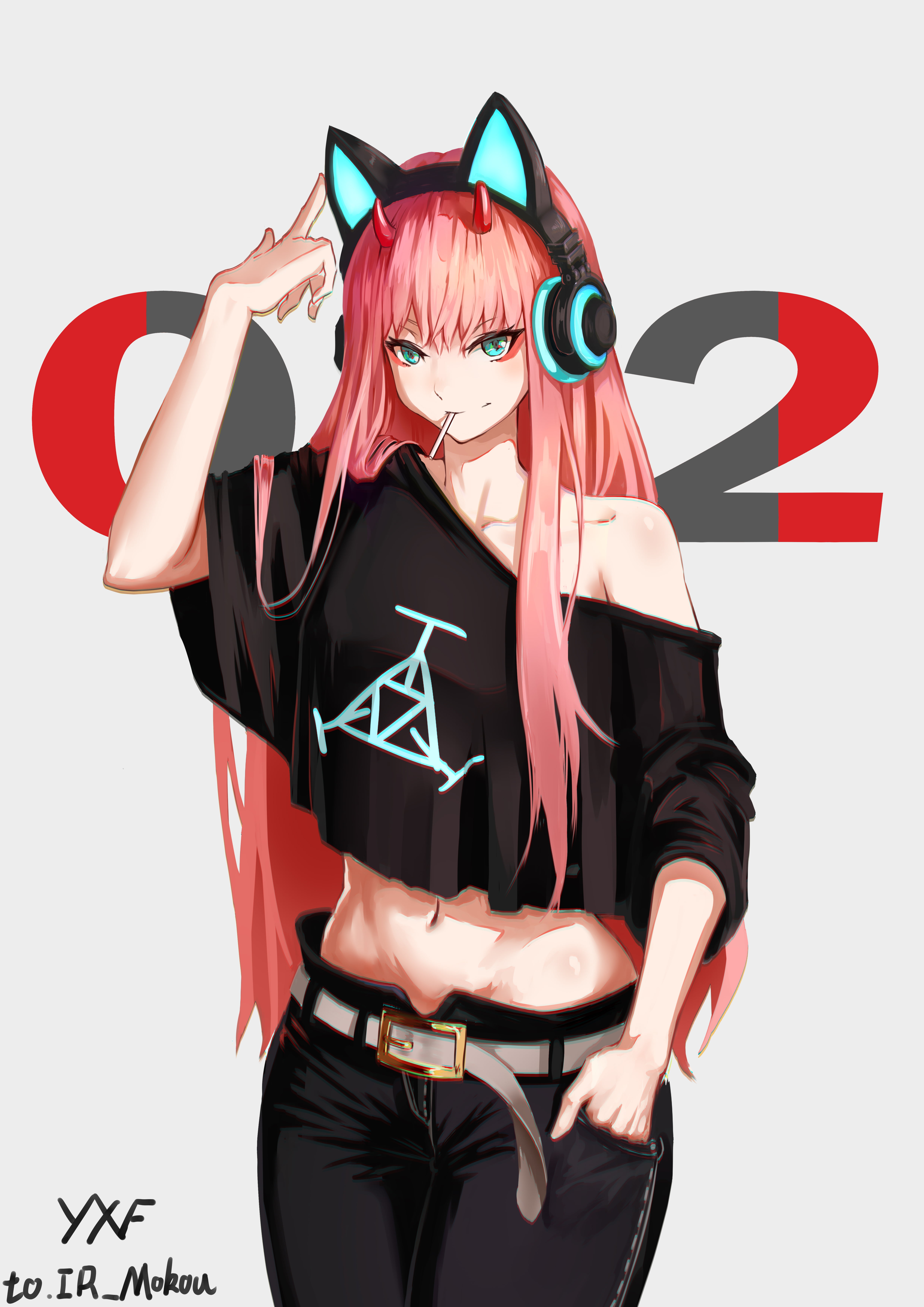 long pink haired female anime character illustration, white background, simple background, Zero Two (Darling in the FranXX), animal ears