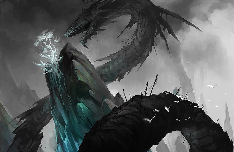 black dragon 3D wallpaper, dragon, trees, arrows, sandara HD wallpaper