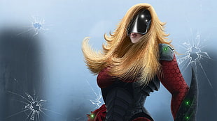 female character with blonde hair wearing red and black suit digital wallpaper, artwork, fantasy art