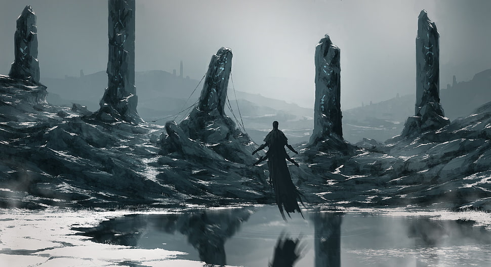 two black and white ceramic figurines, snow, demon, reflection, cold HD wallpaper