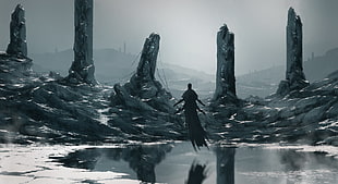 two black and white ceramic figurines, snow, demon, reflection, cold