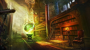 lighted globe near book shelf digital wallpaper, magic, castle, fantasy art, library