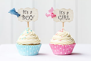 two vanilla cupcake with It's a Boy and Girl sign boards