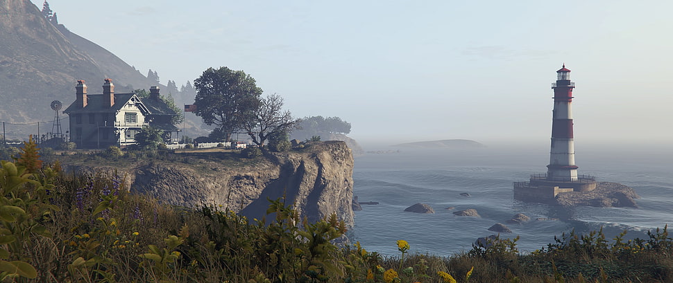 white and red lighthouse near mountain cliff and house, Grand Theft Auto V, video games HD wallpaper