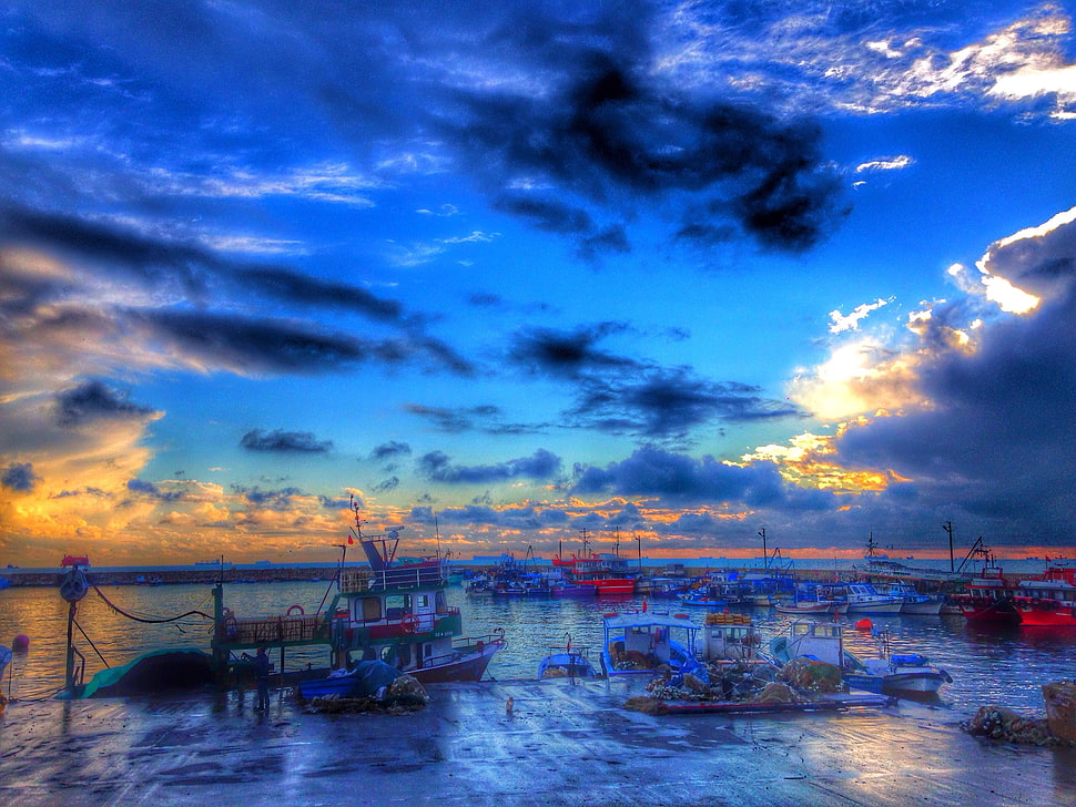 blue sky, harbor, HDR, sky, clouds HD wallpaper