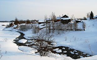Winter,  Snow,  House,  Small river HD wallpaper