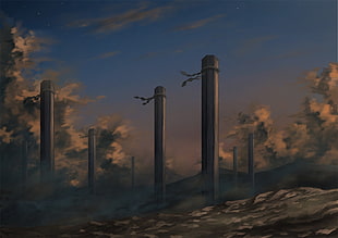 gray wooden posts illustration, landscape, fantasy art