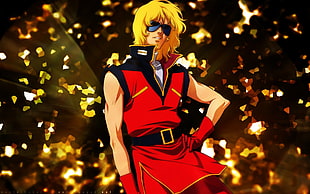 blonde-haired man in red sleeveless top illustration