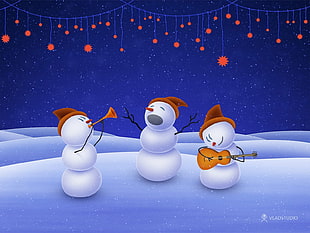 three snowmans playing instrument illustration HD wallpaper
