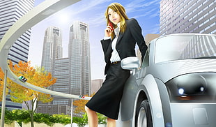 animation character woman beside the gray car