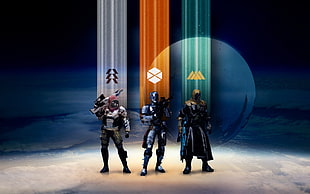 three game characters standing on white surface on background