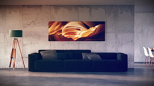 black and red fabric sofa, couch, tripod, lamp, interior