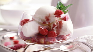 strawberry ice cream on clear glass cup