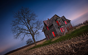 brown house, scarry, house, landscape, field HD wallpaper