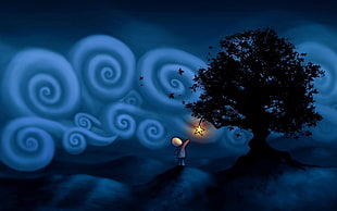 boy beside tree reaching star digital wallpaper, people, Anonymous, trees, stars