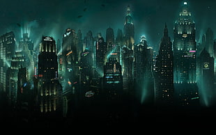 city building painting, city, cityscape, night, lights
