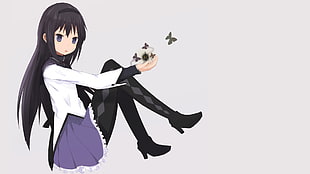 long black haired white and purple dress female anime character