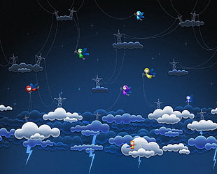 Angels flying above the clouds with crane towers illustration