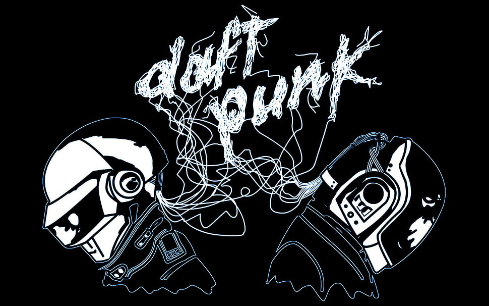 two men wearing helmet sketch, Daft Punk, music, digital art HD wallpaper