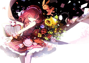 red haired female character wallpaper, flowers, harp