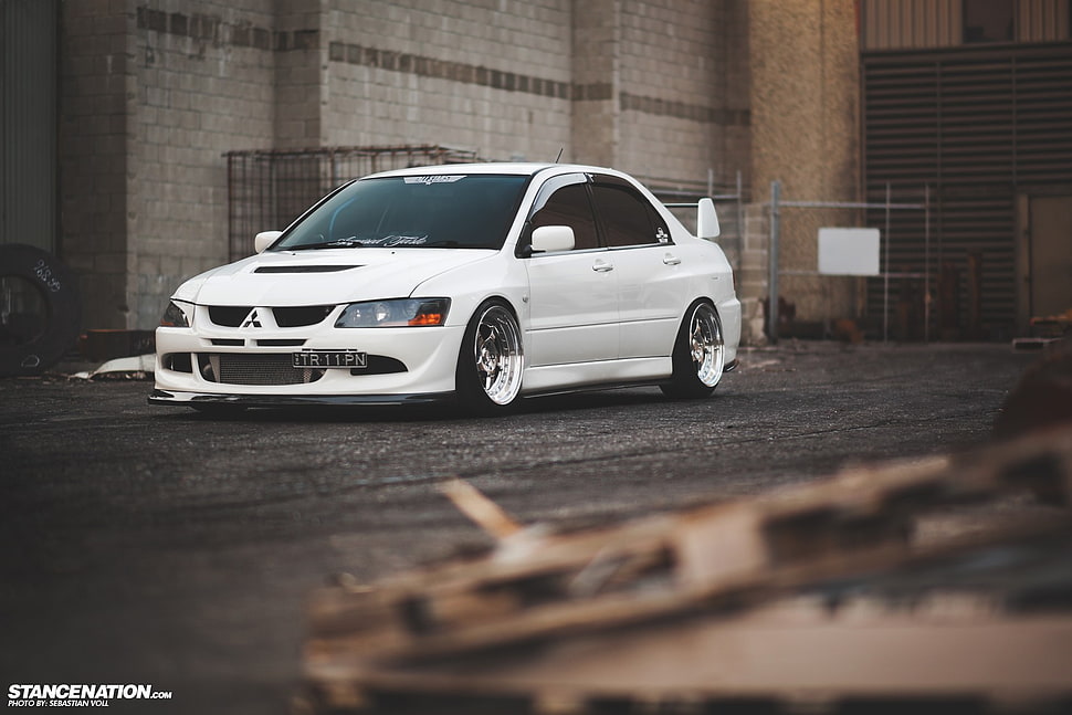 white Mitsubishi sedan, Mitsubishi Lancer EVO, Stance, StanceNation, car HD wallpaper