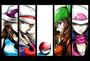 Pokeball and four female lead Pokemon trainer characters collage, anime, Pokémon, Poké Balls, May (pokemon)
