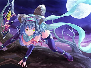 blue haired female anime illustration