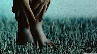 person's feet and hands, nature, water lilies, vintage, grass