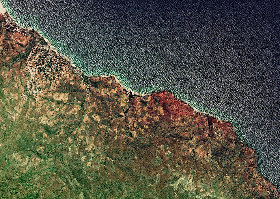 aerial photography of island, bird's eye view, coast HD wallpaper