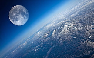 moon and mountains, space, space art, stars, planet HD wallpaper