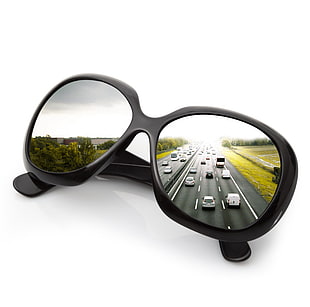 sunglasses shade reflecting highway and cars