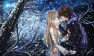 two blonde haired and black haired male and female anime character wallpaper, snow, winter
