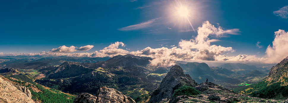 panoramic photography of green mountains under cumulus clouds, la vista HD wallpaper