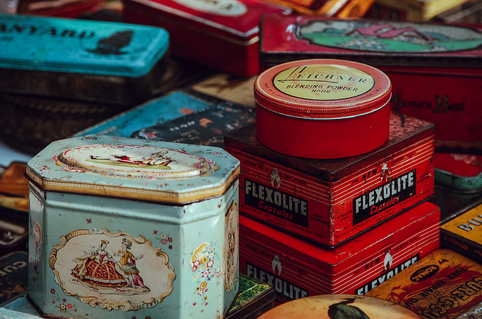assorted tin boxes, Tin, Inscriptions, Storage HD wallpaper