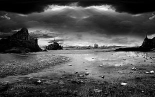 grayscale photo of castle in the distance, ruin, monochrome