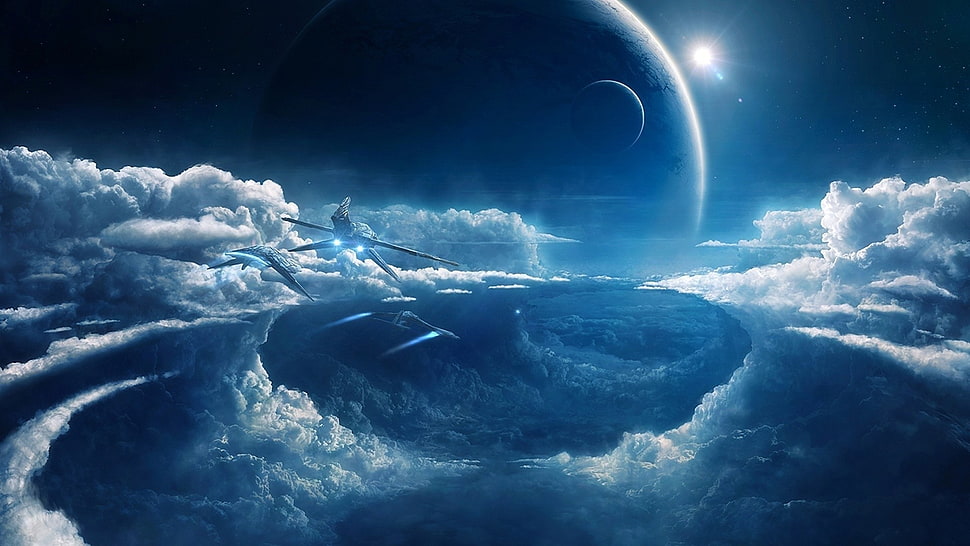 three aircraft on mid air beside clouds illustration HD wallpaper