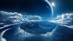 three aircraft on mid air beside clouds illustration